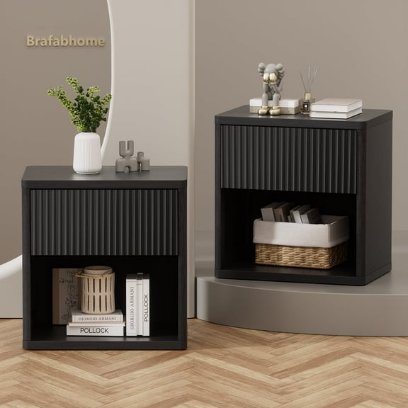 Brafabhome Fluted Nightstands with Drawers, Modern Bedside Table with Hidden Drawer, Accent End Table with Storage Shelf for Bedroom Living Room, Set of 2 | Black