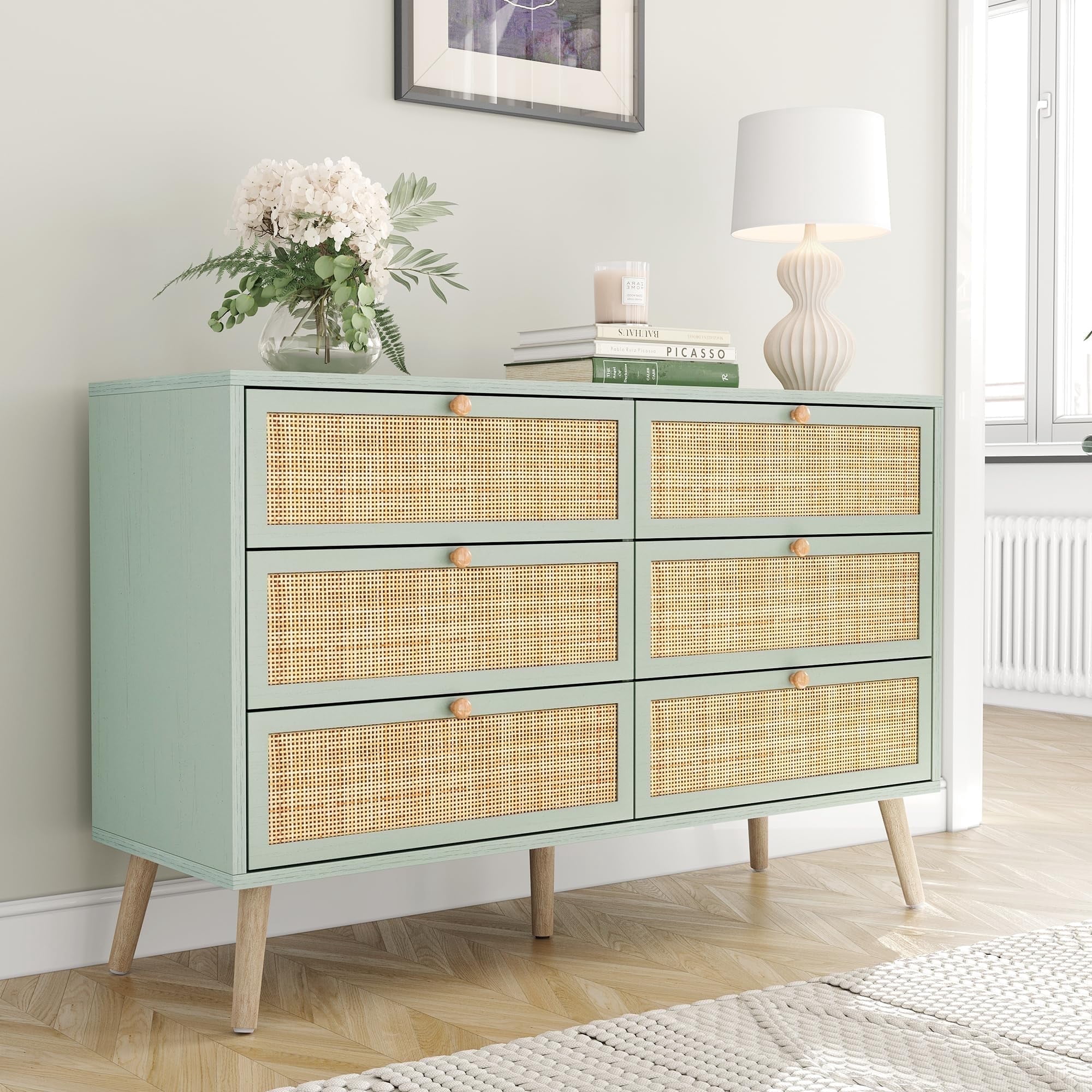 Brafabhome Rattan 6 Drawers Dresser for Bedroom, Vintage Boho Double  Dresser Wicker Chest with Wooden Legs for Living Room Hallway| Mint