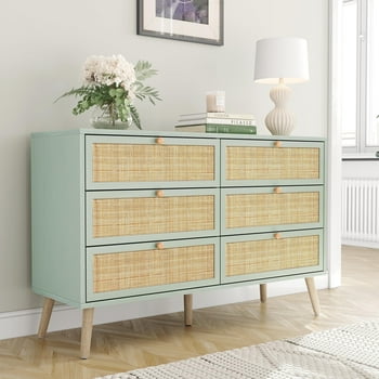 Brafabhome Rattan 6 Drawers Dresser for Bedroom, Vintage Boho Double Dresser Wicker Chest with Wooden Legs for Living Room Hallway| Mint