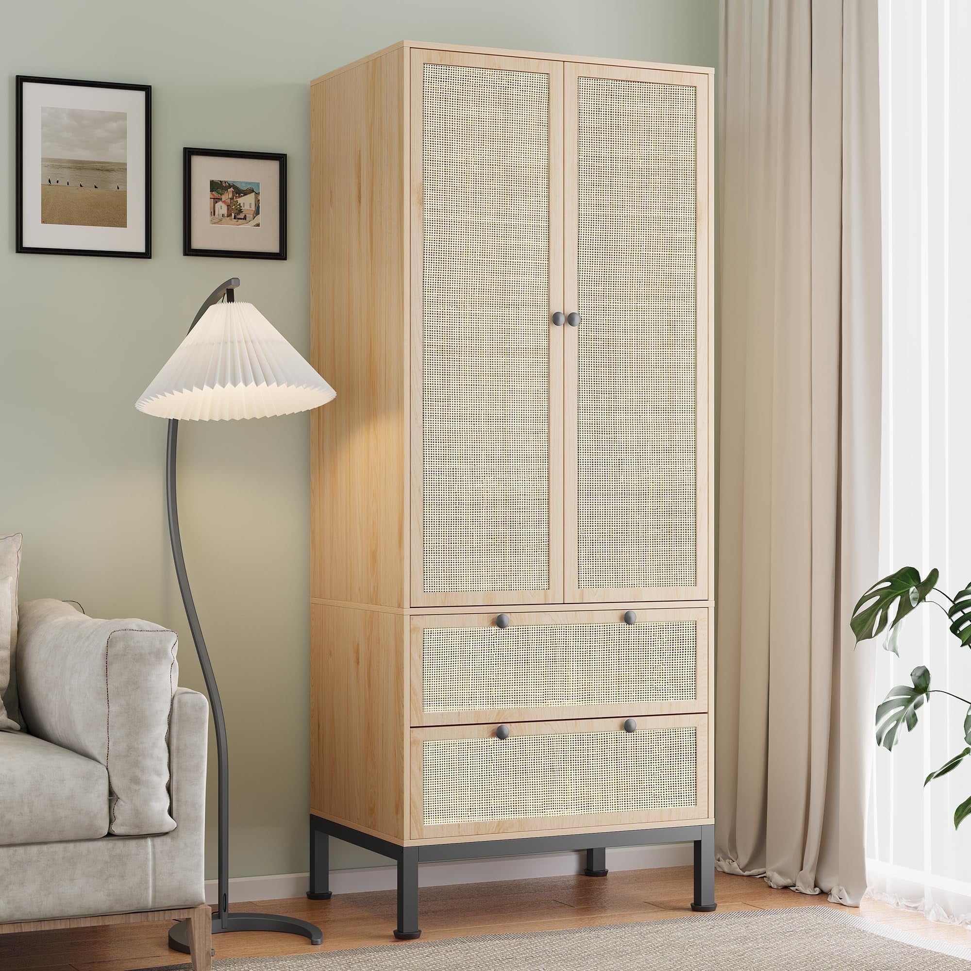 Brafabhome Boho Rattan Armoire Storage Cabinet with 2 Doors, 74" Tall Expandable Armoire Wardrobe Closet with 2 Hanging Rods and Drawers for Adult - Walmart.com