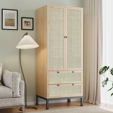 Brafabhome Boho Rattan Armoire Storage Cabinet with 2 Doors, 74" Tall Expandable Armoire Wardrobe Closet with 2 Hanging Rods and Drawers for Adult
