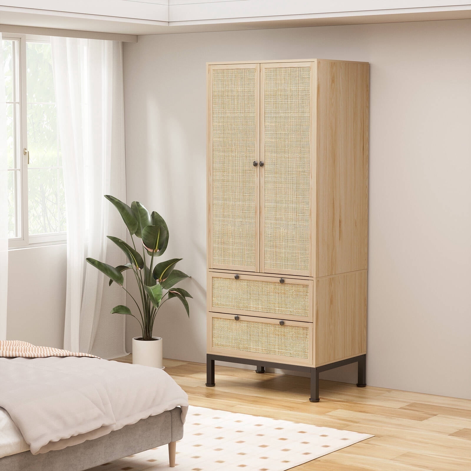 Brafabhome Boho Rattan Armoire Storage Cabinet with 2 Doors, 74" Tall Expandable Armoire Wardrobe Closet with 2 Hanging Rods and Drawers for Adult