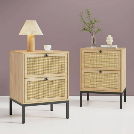 Brafabhome Rattan Nightstands with 2 Drawers, Modern Bedside Table with Large Storage for Bedroom, Accent Sofa End Tables for Living Room, Set of 2 | Nature