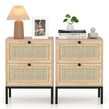 Brafabhome Rattan Nightstand Set of 2 with Drawers, Modern Bedside Table with Large Storage for Bedroom, Accent Sofa End Tables for Living Room | Beige
