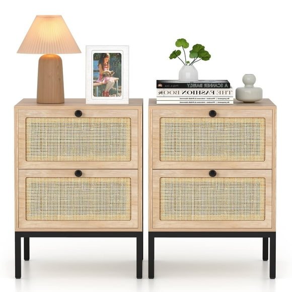Brafabhome Rattan Nightstand Set of 2 with Drawers, Modern Bedside Table with Large Storage for Bedroom, Accent Sofa End Tables for Living Room | Beige