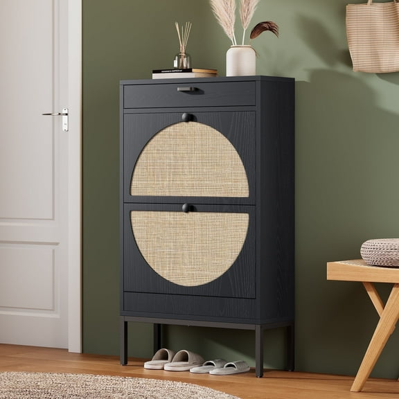 Brafabhome Rattan Slim Shoe Cabinet with 2 Flip Drawers, Freestanding Entryway Shoe Storage Holder with Shelves and Sturdy Metal Legs | 12 Pairs