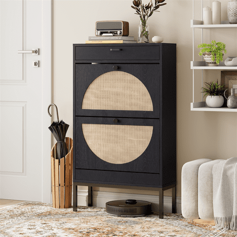 Brafabhome Rattan Slim Shoe Cabinet with 2 Flip Drawers, Freestanding Entryway Shoe Storage Holder with Shelves and Sturdy Metal Legs | 12 Pairs