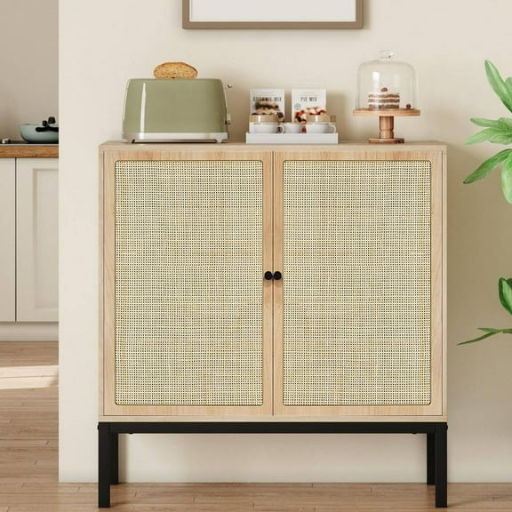 Brafabhome Sideboard Storage Cabinet with Handmade Natural Rattan Doors, Buffet Cabinet with Storage Shelf for Living Room, Dining Room, Entryway, Kitchen | Beige