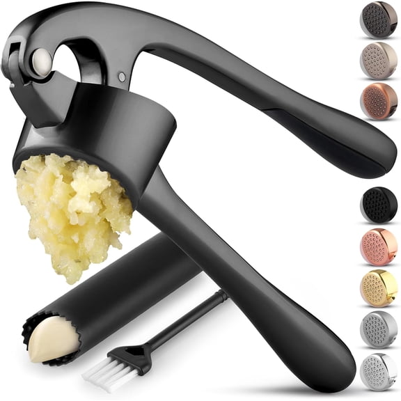 No brand Large Premium Garlic Press Set - Bigger Bowl for Bigger Garlic - Rust Proof Garlic Mincer Tool - Easy-Squeeze, Easy-Clean Silicone Garlic Peeler & Brush (Dark Gray)