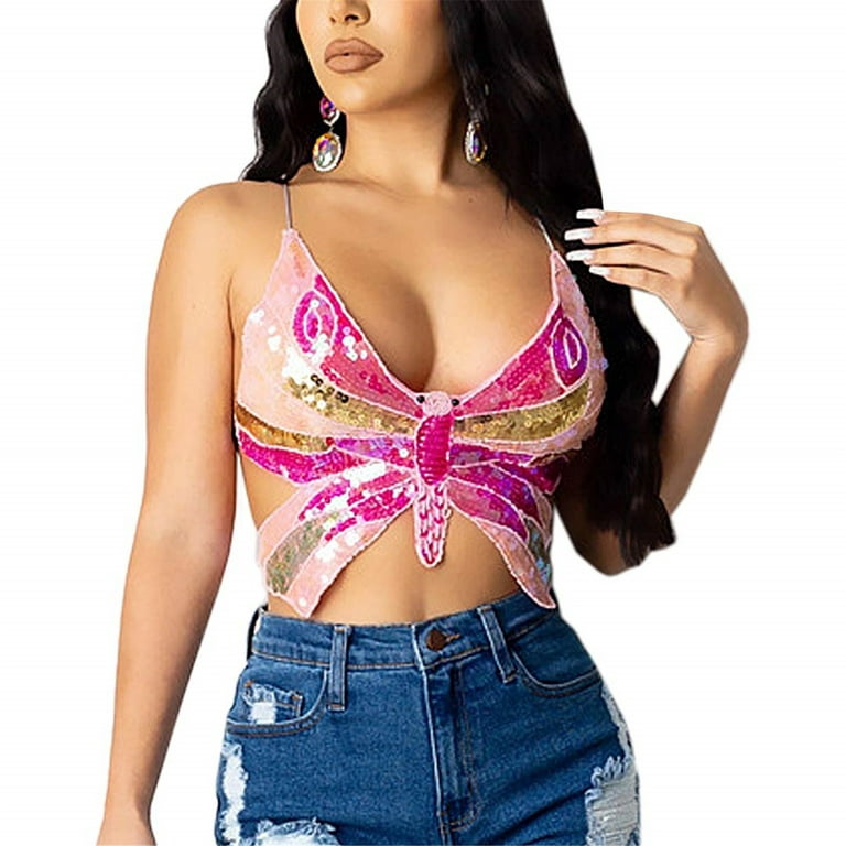 bras for women Women's Sparkly Sequin Crop Top Bandage Bra Belly Dance Vest  Tank Costume Outfits 