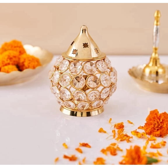 Brass and Crystal Akhand Diya Oil Lamp, Decorative Pooja Deepam with Crystal Stones for Diwali Decoration, Medium Size