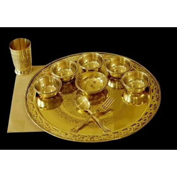 brass cut work dinner plate/ thali set of 10 pieces for home/office/ gift item