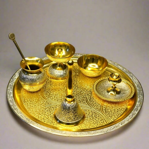 brass dual tone set of 7 pieces pooja thali set for housewarming/ diwali/gift item