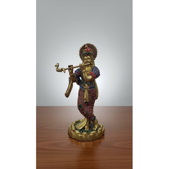 brass with stone work lord krishan playing flute for home dcor/ gift item