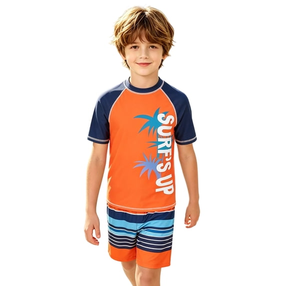 bravefron Boys Rash Guard Swim Set with Swim Trunks Bathing Suit Short Sleeve Swim Shirt Quick Dry Swimsuit Kids Swimwear Size 4-16