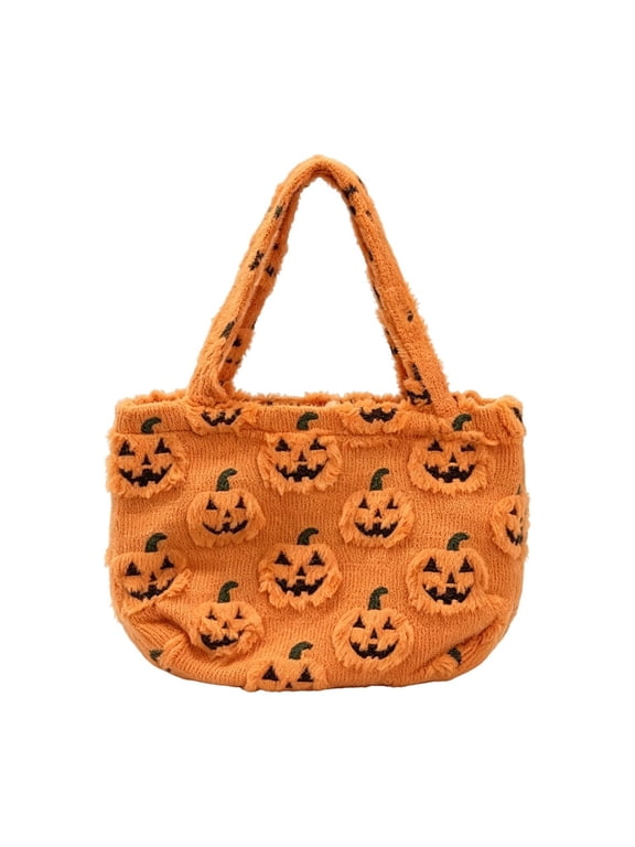 Halloween Pumpkin Tote Handbag, Cute Fuzzy Orange O'Bag, Reusable Shopping Shoulder Purse for Holiday