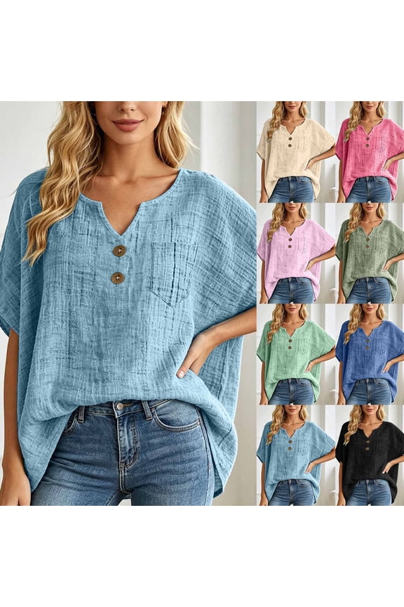 Linen Shirts for Women Short Sleeve Plus Size Button Down Shirt V Neck Summer Casual Gauze Linen Tops Peasant Blouse
