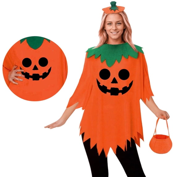 bravefron Pumpkin Cape for Women,Halloween Outfits Sets Poncho Hooded Party Cape and Pumpkin Bag Pumpkin Clothing Role Play