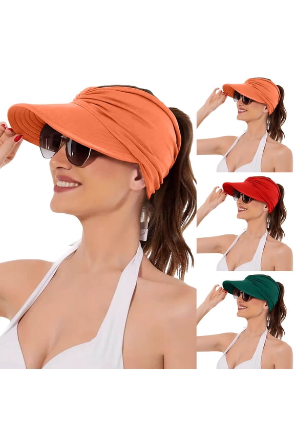 Sun Hats for Women, Wide Brim UV Protection Sun Visor Hats, UPF50+ Lightweight Foldable Ponytail Sports Cap