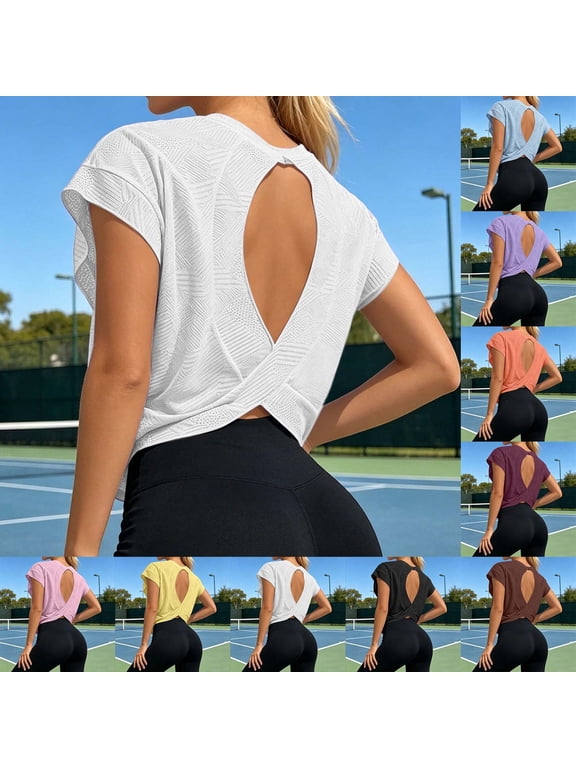 Women Short Sleeve Workout Shirts Open Back Tops Casual Mesh Yoga Tops Y2k Athletic Gym Slouchy Crop Running Tees