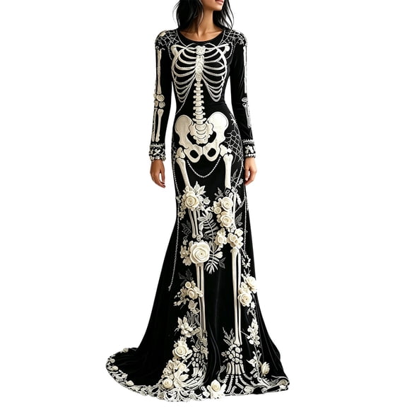 bravefron Women's Halloween Dress Printed Long Sleeve Long Dress Elegant Casual Holiday Party Outfit for Fall Winter Halloween Costume Events and Seasonal Celebrations
