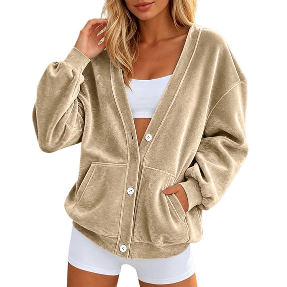 bravefron Women's Velour Cardigan Coat Jacket Long Sleeve Open Front Outerwear Soft Warm Button Jacket with Side Pockets Fall Velvet Casual Jackets