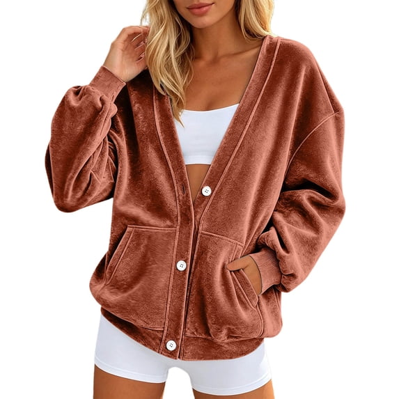 bravefron Women's Velour Cardigan Coat Jacket Long Sleeve Open Front Outerwear Soft Warm Button Jacket with Side Pockets Fall Velvet Casual Jackets