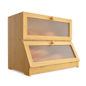 BN-LINK Double Layer Bamboo Bread Box, Large Capacity Bread Storage Bin with Window, Farmhouse Food Organizer for Kitchen Counter, Natural Bamboo