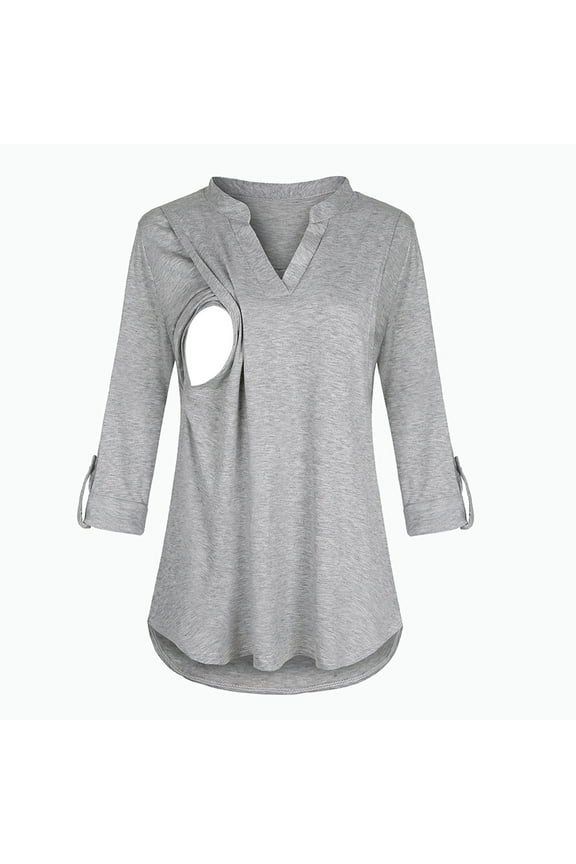 2025 Nursing Tops - Nursing V-Neck Breastfeeding Shirts - 3/4 Roll Sleeve Blouses Tunic Top for Breastfeeding Moms, 3-in-1 Convertible Maternity Postpartum Shirts