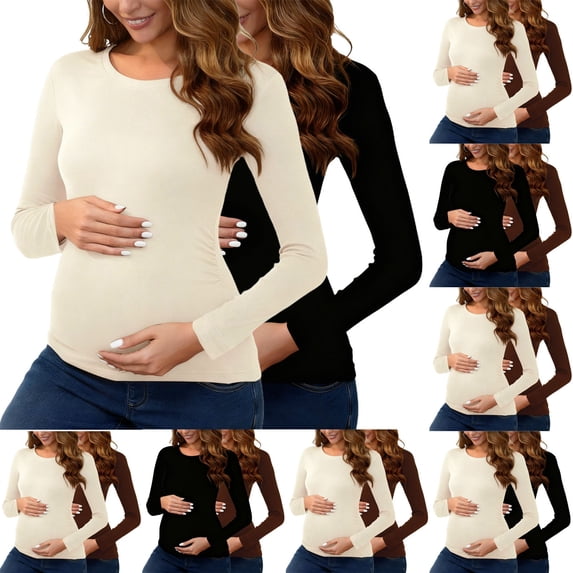 breaise 2PC Women Maternity Shirts Cotton Long Sleeve Ribbed Tshirt Crew Neck Pregnancy Tops Side Ruched Casual Mama Clothes
