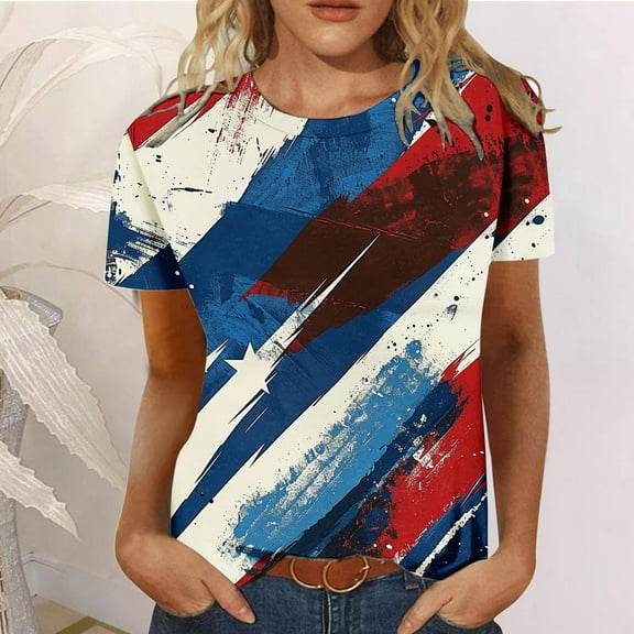 breaise 4th of July Shirts for Women Summer Patriotic American Flag Print Tshirts Cute Short Sleeve Tees Dressy Casual Crew Neck Blouses Tops Memorial Day Gifts