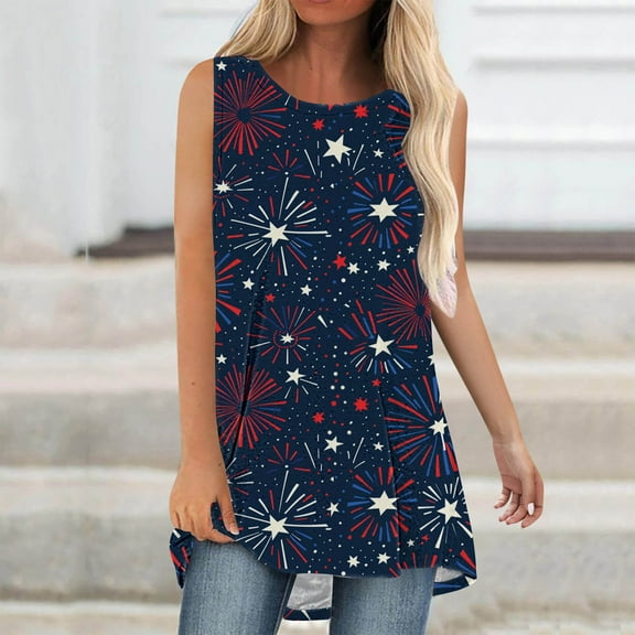 breaise 4th of July Tank Tops for Women Plus Size Patriotic American Flag Graphic Tshirts Elegant Sleeveless T-shirts Camisole Flowy Crew Neck Tanks Blouses for Women Business Casual