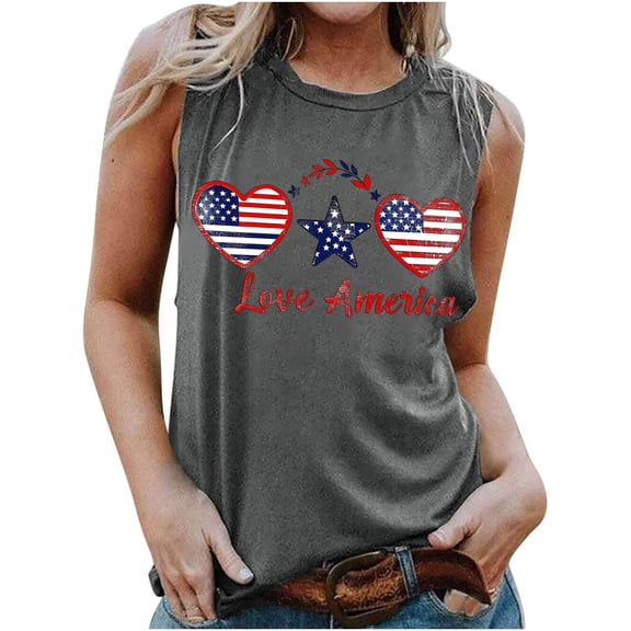 breaise 4th of July Tank Tops for Women Plus Size Patriotic American Flag Print Tshirts Loose Fit Sleeveless T-shirts Camisole Beach Round Neck Tanks Blouses for Women Business Casual