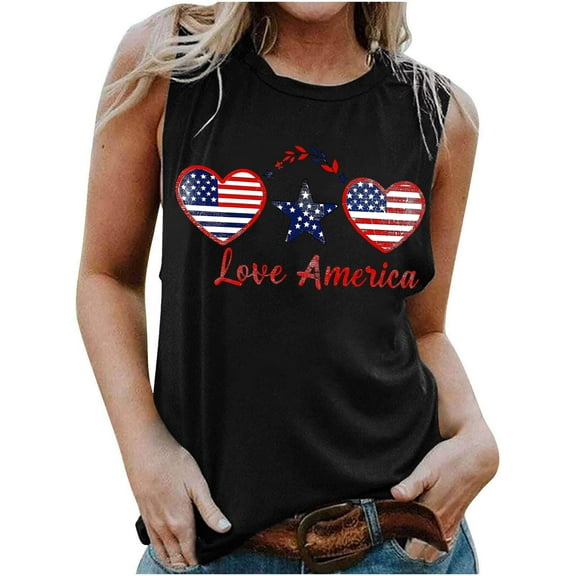 breaise 4th of July Tank Tops for Women Plus Size Patriotic American Flag Print Tshirts Loose Fit Sleeveless T-shirts Camisole Beach Round Neck Tanks Blouses for Women Business Casual
