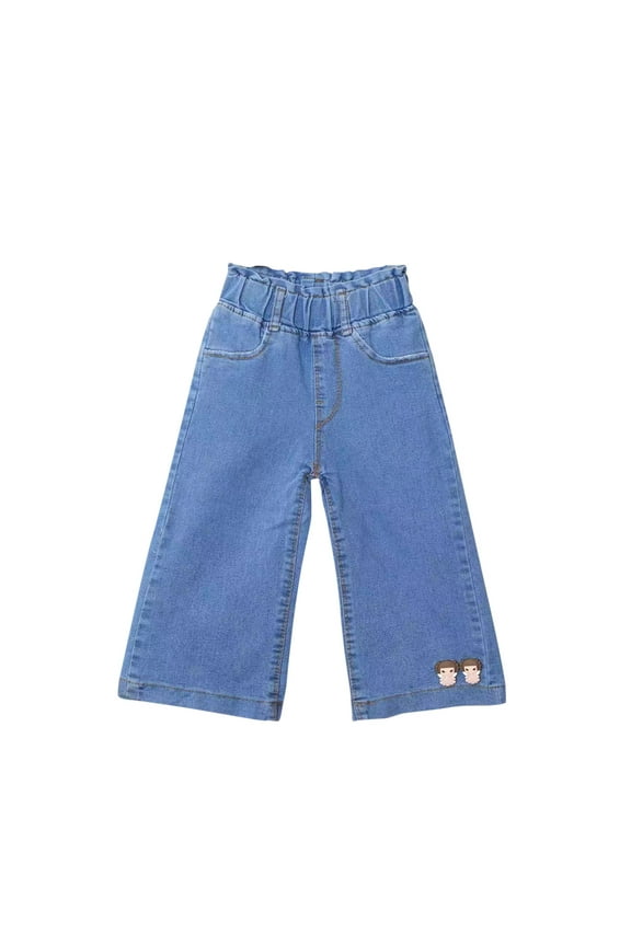 Baby Girls' Wide Leg Denim Pants Kids Straight Leg Graphic Denim Pants Loose Fit Solid Jeans with Pockets