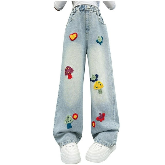 breaise Big Girls Wide Leg Jeans Cute Embroidery Denim Pants Vintage Loose Fit Baggy Casual Straight Leg Pants with Pockets