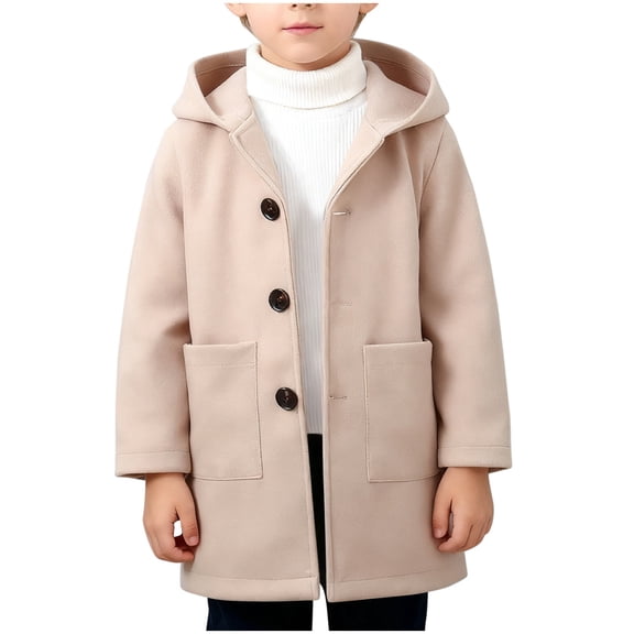 breaise Boy Girl Fall Winter Coat Toddler Hooded Pea Coat Trendy Long Sleeve Wool Blend Jacket Outerwear for Baby Buttons Coat