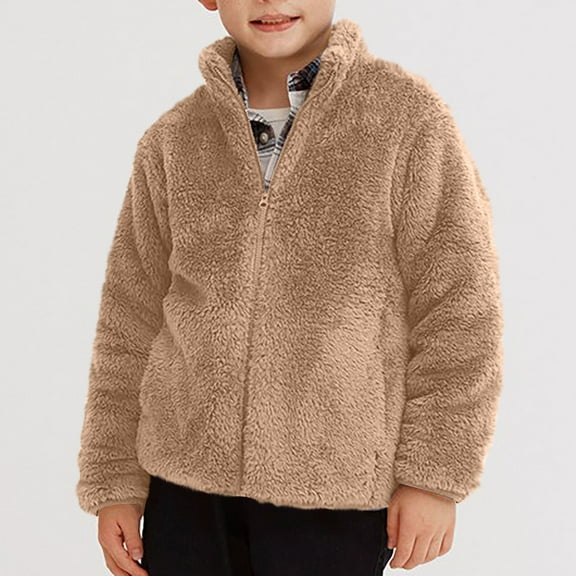 Boys' Jackets Coats breaise Boys Girls Sherpa Fleece Coats Long Sleeve Full Zip Jacket Kids Cozy Solid Stand Collar Sweatshirts Khaki 120