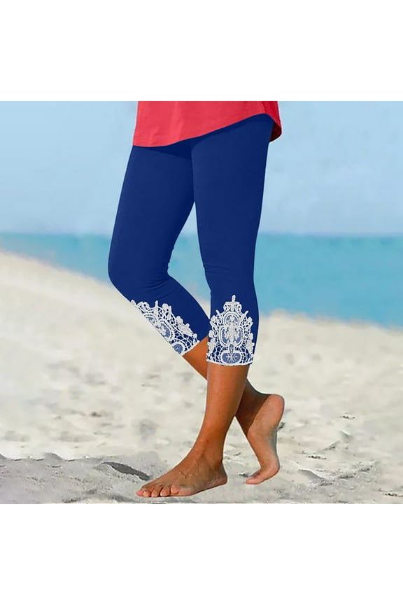 Capri Leggings for Women Floral Summer Capris Tummy Control Knee Length Tights Casual Stretch Workout Yoga Capri Pants Slim Fit Lightweight Cropped Pants