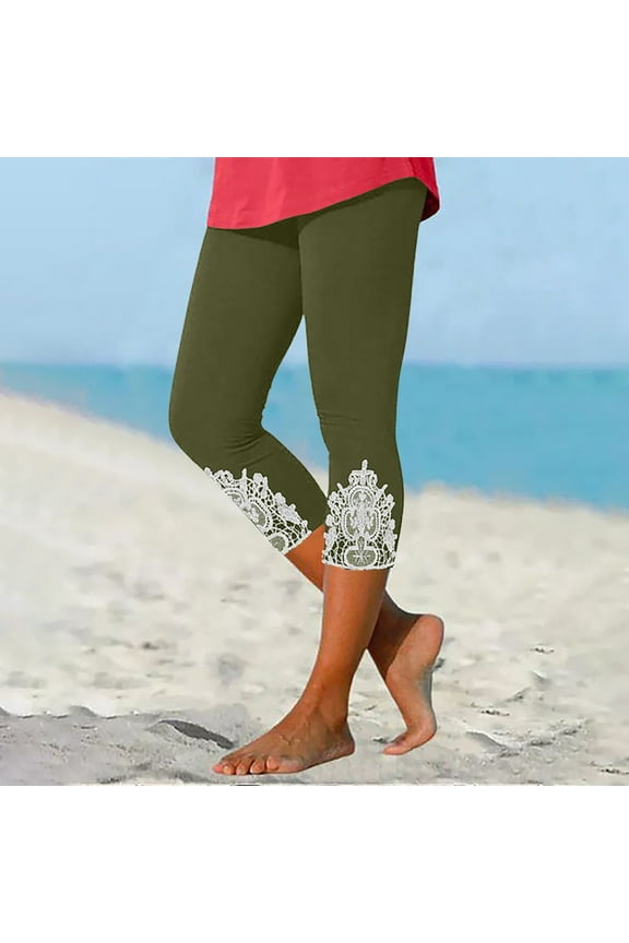 Capri Leggings for Women Floral Summer Capris Tummy Control Knee Length Tights Casual Stretch Workout Yoga Capri Pants Slim Fit Lightweight Cropped Pants