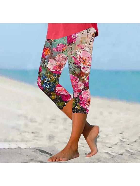 Capri Leggings for Women Floral Print Capri Pants Summer Casual Knee Length Tights 2024 Lightweight Stretchy Cropped Pants