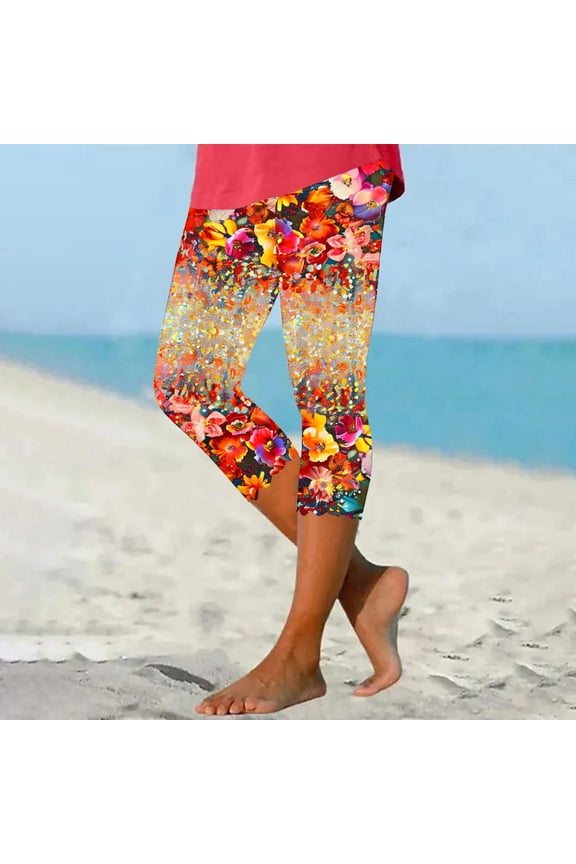 Capri Leggings for Women Tummy Control Knee Length Capri Leggings 2024 Summer Floral Print Cropped Pants Casual Comfy Tights