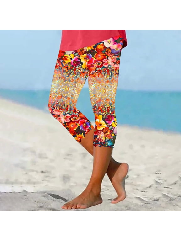 Capri Leggings for Women Tummy Control Knee Length Capri Leggings 2024 Summer Floral Print Cropped Pants Casual Comfy Tights
