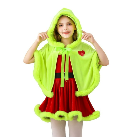 breaise Christmas Party Dress Themed Costume Kids Green Hooded Cape for Girls Santa-Style Children Clothing Cosplay Carnival