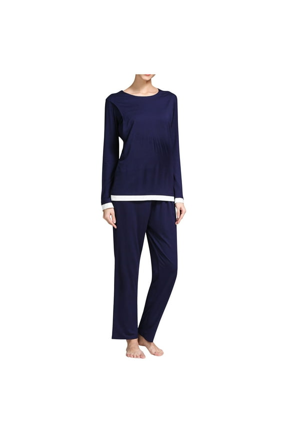 Maternity Nursing Pajama Set Long Sleeve Breastfeeding Top & Pants with Pockets Breastfeeding Sleepwear Double Layer Pregnancy Sets