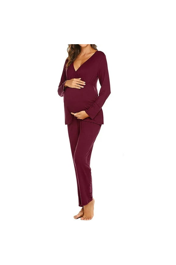 Women's Maternity Nursing Pajamas Set Nursing Pjs Pregnancy Set Breastfeeding Sleepwear V Neck Long Sleeve Top & Pants 2PCS Postpartum Pregnancy PJS
