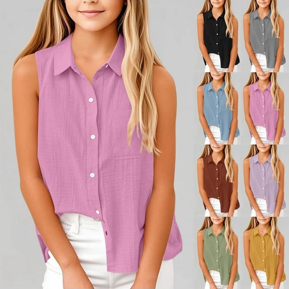 breaise Cotton Linen Shirts for Girls Sleeveless Collared Tops OButton Up Blouses Shirts Casual Summer Tshirt 3-15 Years