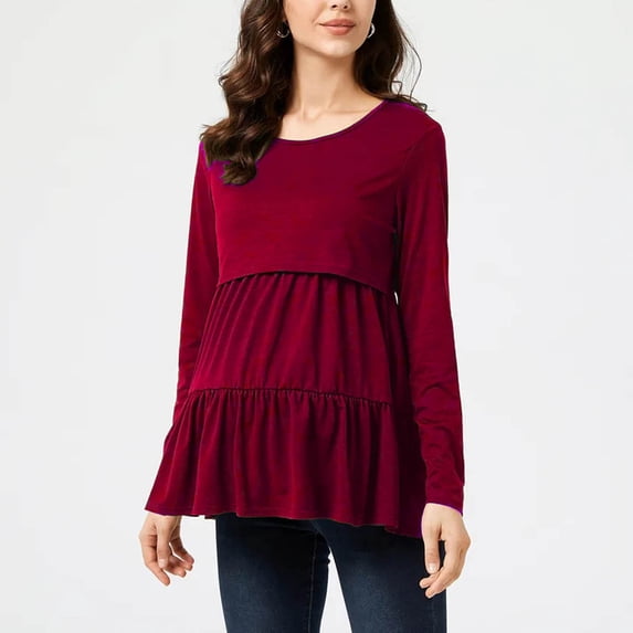 breaise Cute Maternity Shirts for Breastfeeding, Women's Long Sleeve Tiered Basic Maternity Tops Smocked Ruffle Hem Blouse Tunic Casual Pregnancy Blouse S-3XL