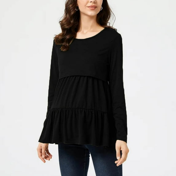 breaise Cute Maternity Shirts for Breastfeeding, Women's Long Sleeve Tiered Basic Maternity Tops Smocked Ruffle Hem Blouse Tunic Casual Pregnancy Blouse S-3XL