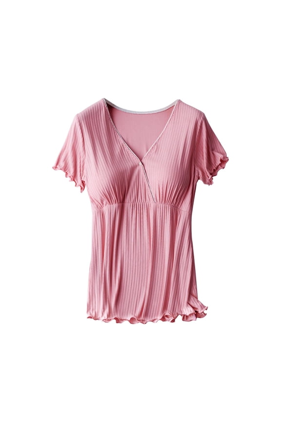 Womens Maternity Nursing Tops Comfy Short Sleeve Breastfeeding Shirts Summer Snap Button V-Neck Tee Postpartum T-Shirts Pregnancy Clothes